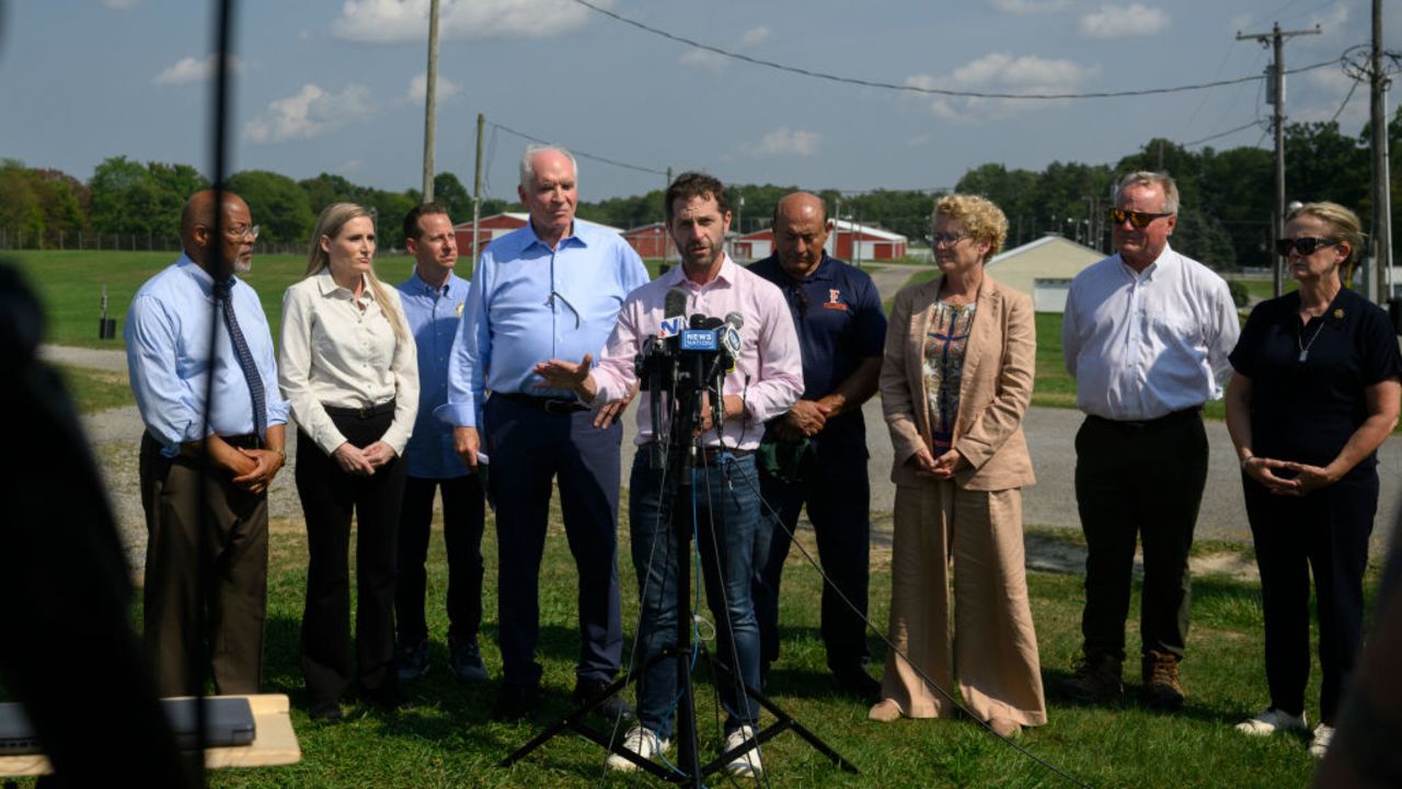 BUTLER, PENNSYLVANIA - AUGUST 26: U.S. Rep. Jason Crow (D-CO), a ranking member of the Task Force on the Attempted Assassination of Donald J. Trump, speaks to the press after touring the shooting site at the Butler Farm Show Grounds on August 26, 2024 in Butler, Pennsylvania. At least five Secret Service agents have been placed on modified duty after the assassination attempt on former President Donald Trump in July. (Photo by Jeff Swensen/Getty Images)