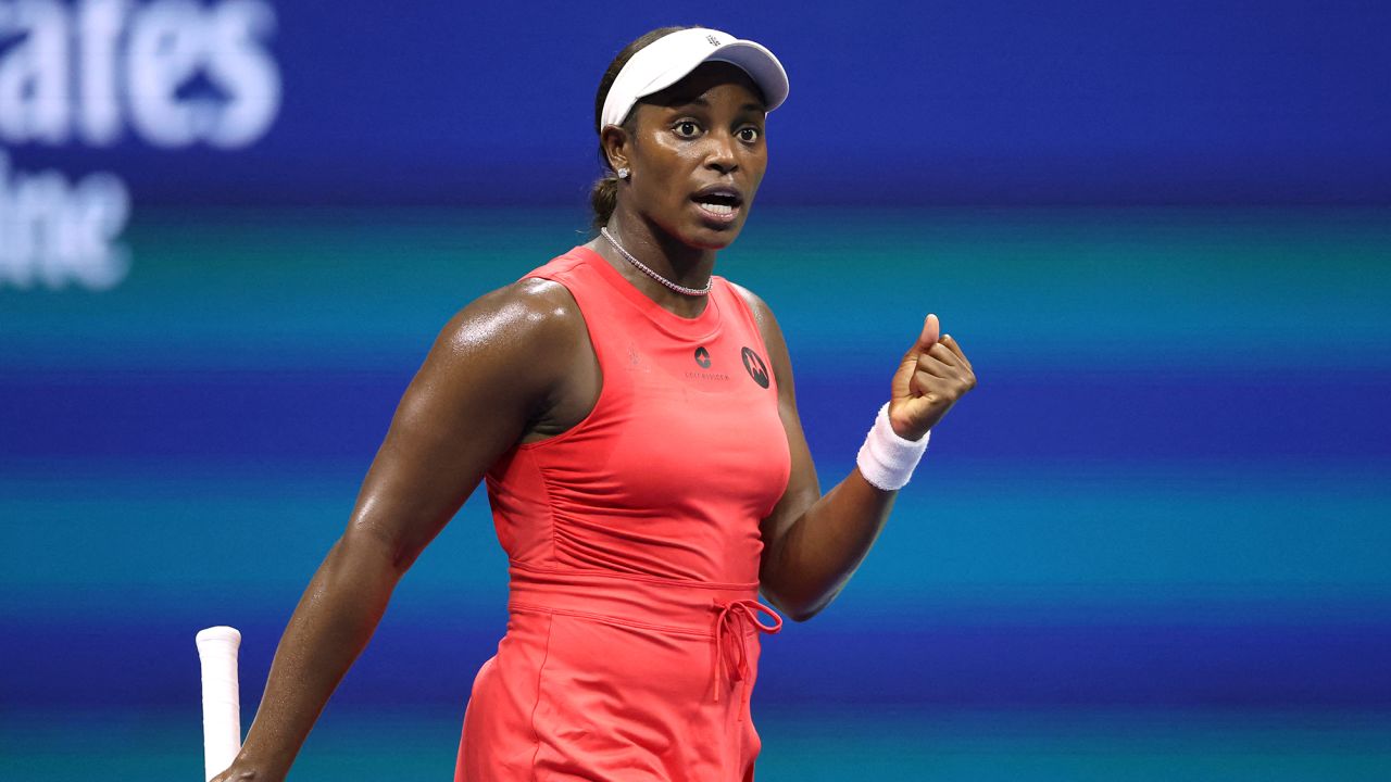 USA's Sloane Stephens reacts during the women's singles first round tennis match against France's Clara Burel on day one of the US Open tennis tournament at the USTA Billie Jean King National Tennis Center in New York City, on August 26, 2024. (Photo by CHARLY TRIBALLEAU / AFP) (Photo by CHARLY TRIBALLEAU/AFP via Getty Images)