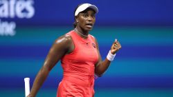 USA's Sloane Stephens reacts during the women's singles first round tennis match against France's Clara Burel on day one of the US Open tennis tournament at the USTA Billie Jean King National Tennis Center in New York City, on August 26, 2024. (Photo by CHARLY TRIBALLEAU / AFP) (Photo by CHARLY TRIBALLEAU/AFP via Getty Images)