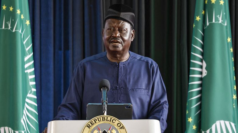 Former Kenyan Prime Minister Raila Odinga, gives his address during his unveiling as the candidate for the chairperson of the African Union Commission (AUC), at the Statehouse in Nairobi on August 27, 2024.