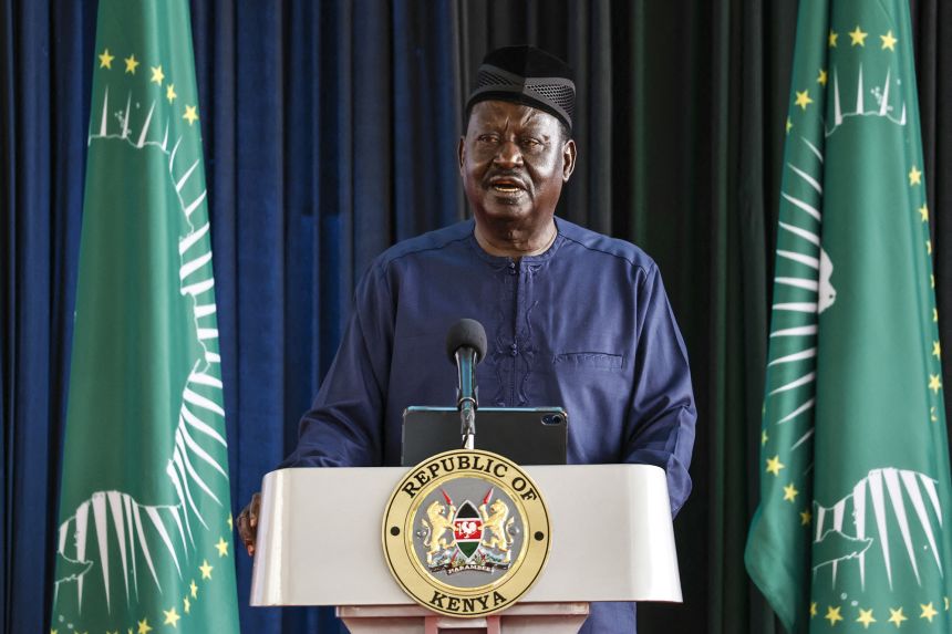 Former Kenyan Prime Minister Raila Odinga, gives his address during his unveiling as the candidate for the chairperson of the African Union Commission (AUC), at the Statehouse in Nairobi on August 27, 2024.