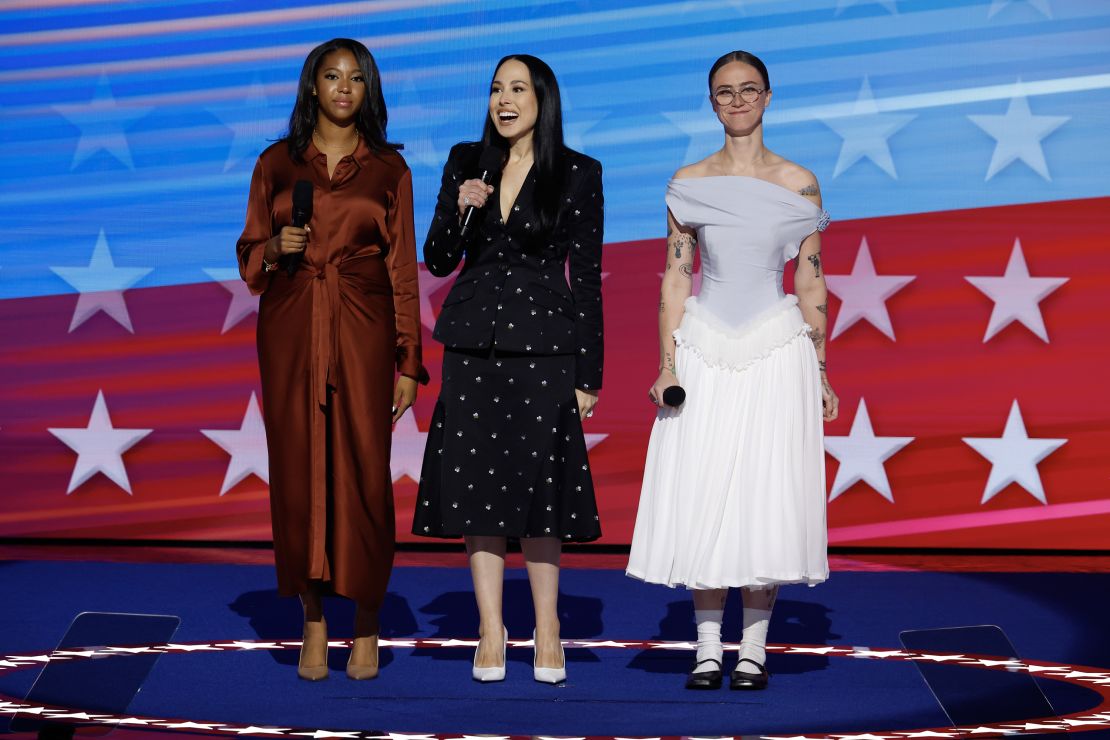 CHICAGO, ILLINOIS - AUGUST 22: (L-R) Helena Hudlin, goddaughter of Vice President Kamala Harris, Meena Harris, niece of Vice President Kamala Harris, and Ella Emhoff, daughter of second gentleman Doug Emhoff and Vice President Kamala Harris speak on stage during the final day of the Democratic National Convention at the United Center on August 22, 2024 in Chicago, Illinois. Delegates, politicians, and Democratic Party supporters are gathering in Chicago, as current Vice President Kamala Harris is named her party's presidential nominee. The DNC takes place from August 19-22. (Photo by Chip Somodevilla/Getty Images)