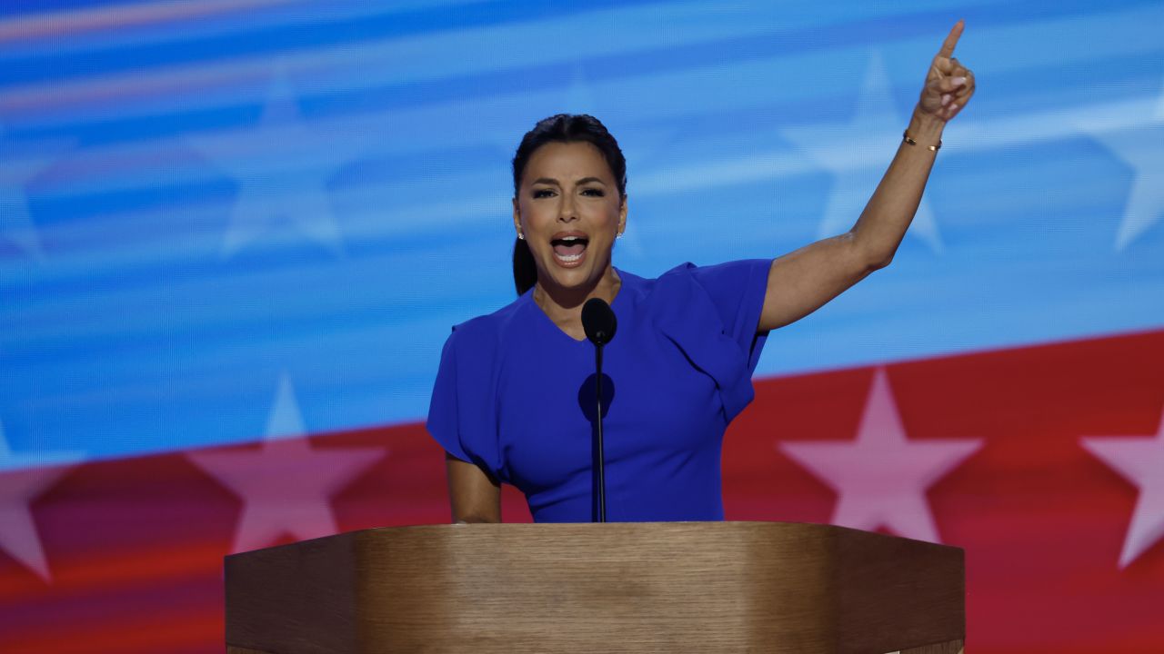 CHICAGO, ILLINOIS - AUGUST 22: Actor Eva Longoria speaks onstage during the final day of the Democratic National Convention at the United Center on August 22, 2024 in Chicago, Illinois. Delegates, politicians, and Democratic Party ers are gathering in Chicago, as current Vice President Kamala Harris is named her party's presidential nominee. The DNC takes place from August 19-22. (Photo by Chip Somodevilla/Getty Images)