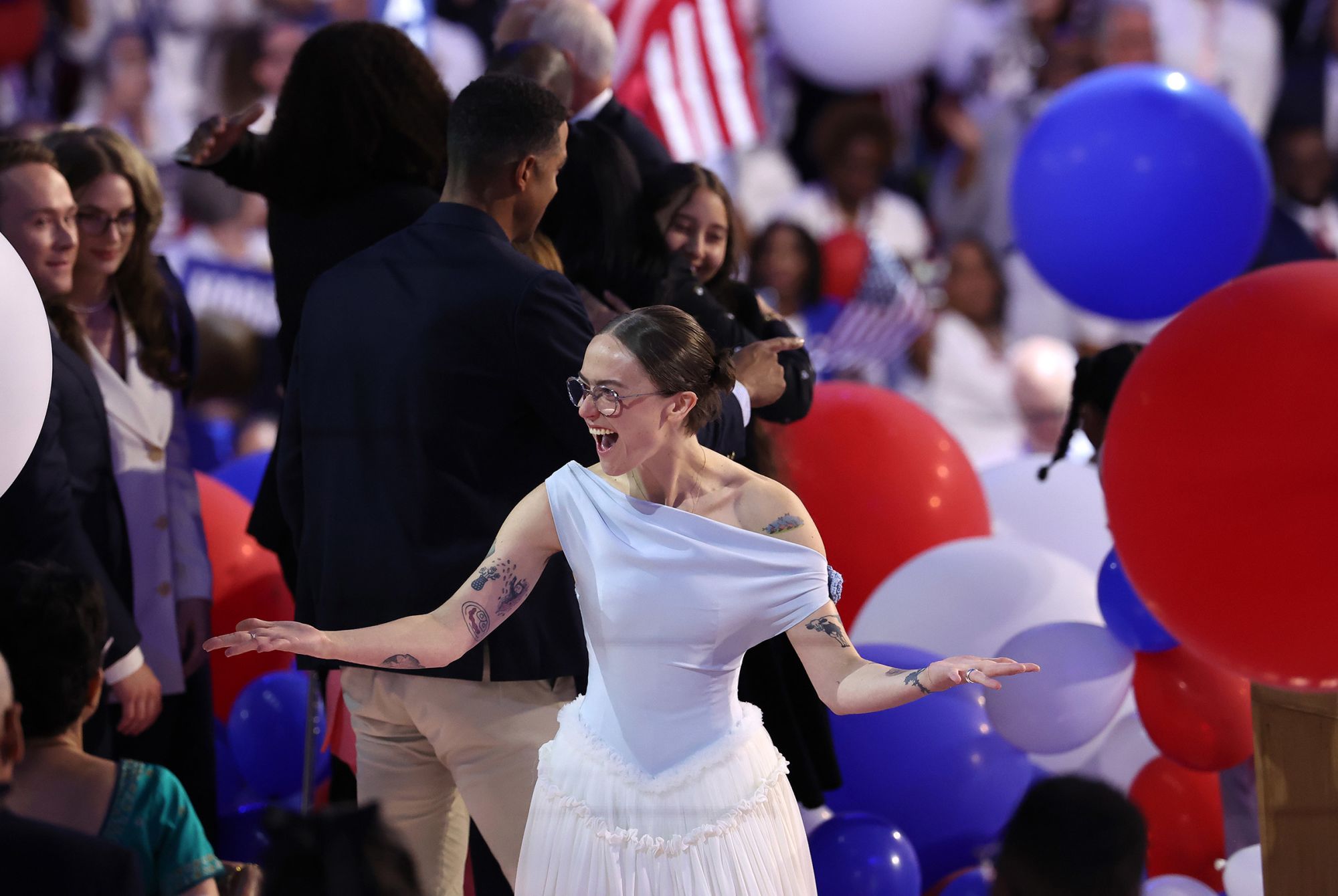 Ella Emhoff, stepdaughter of Vice President Kamala Harris, wore a custom dress from TikTok personality and designer Joe Ando.