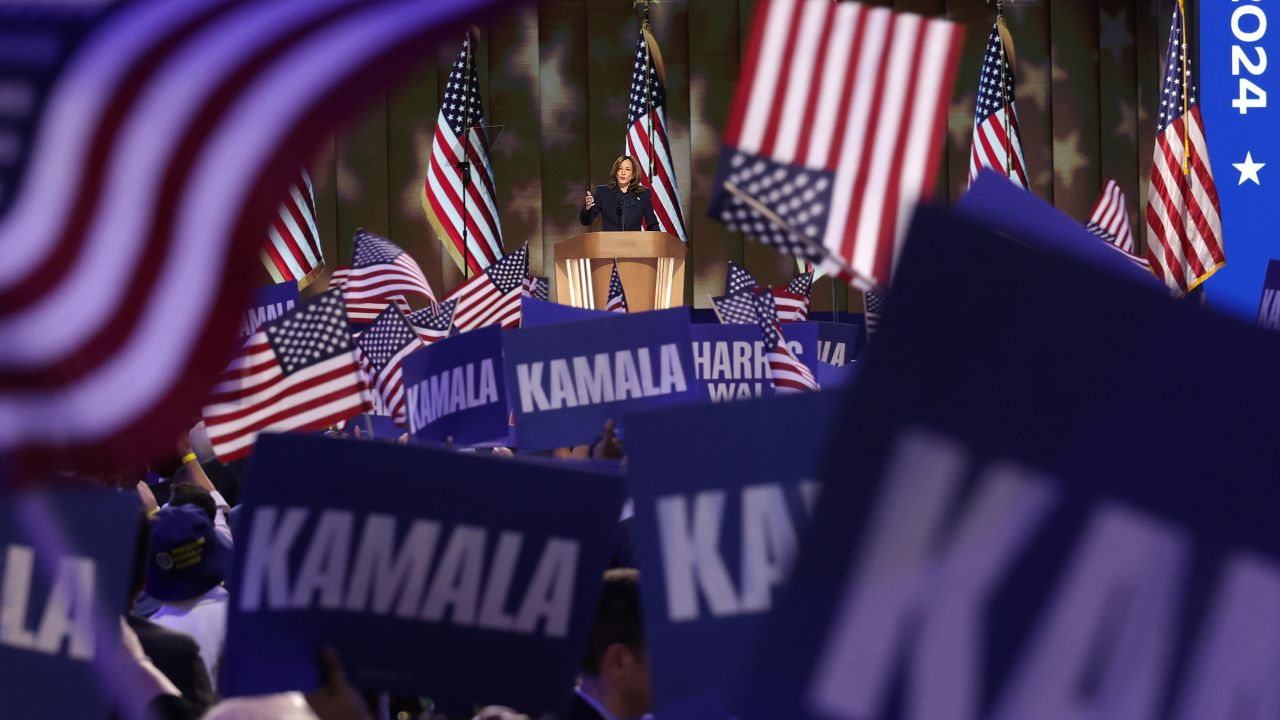 CHICAGO, ILLINOIS - AUGUST 22: Democratic presidential candidate, U.S. Vice President Kamala Harris speaks on stage during the final day of the Democratic National Convention at the United Center on August 22, 2024 in Chicago, Illinois. Delegates, politicians, and Democratic Party supporters are gathering in Chicago, as current Vice President Kamala Harris is named her party's presidential nominee. The DNC takes place from August 19-22. (Photo by Alex Wong/Getty Images)