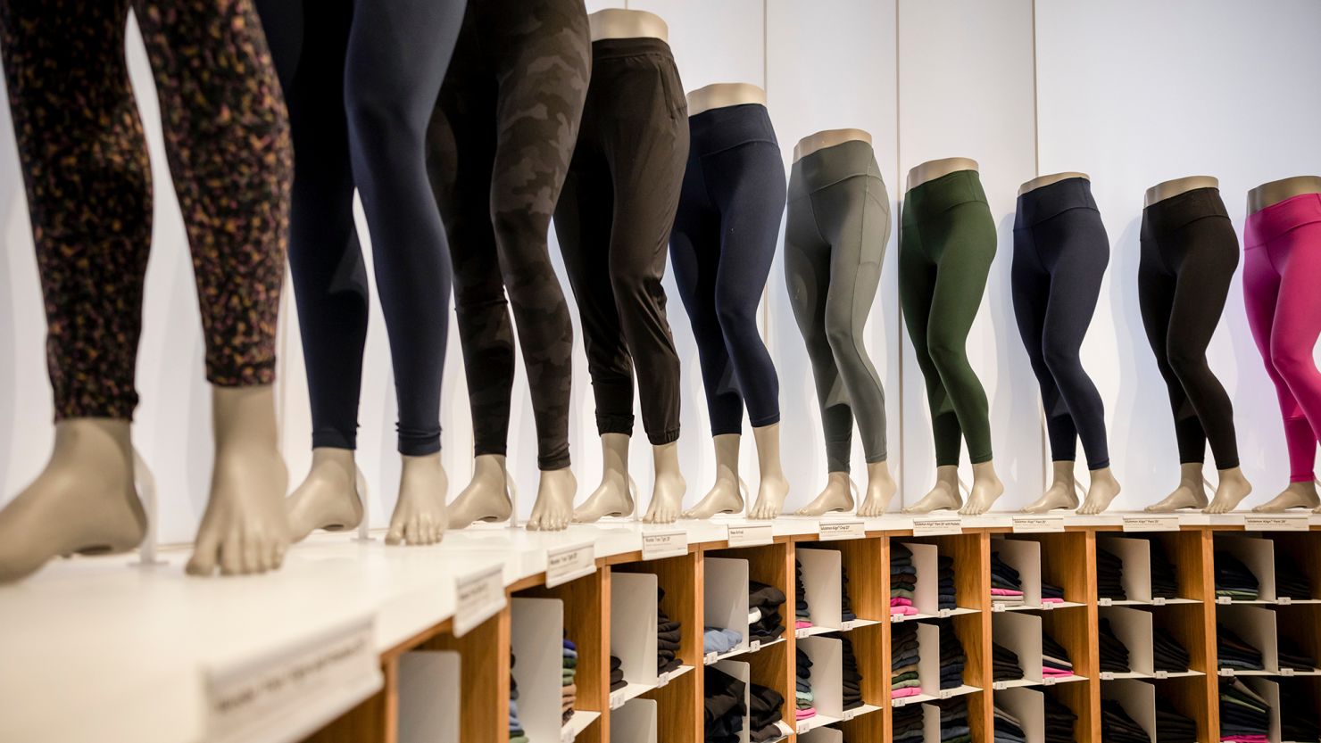 A Lululemon store displaying pants.