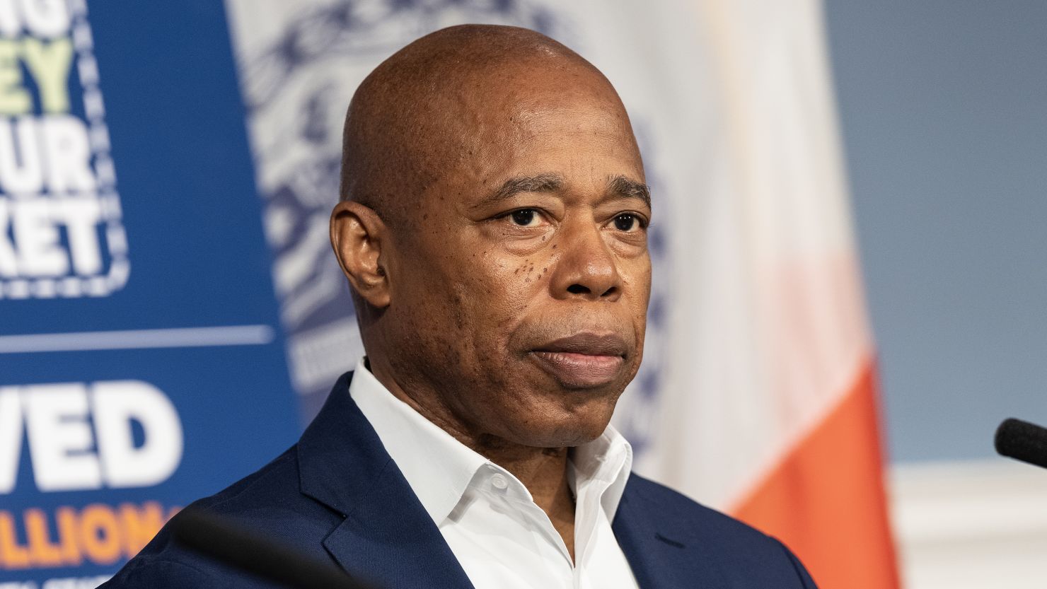 Mayor Eric Adams speaks at City Hall in New York City on August 27.