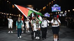 PARIS, FRANCE - AUGUST 28: Palestine's delegation arrives during the Parade of Nations as part of the Paris 2024 Paralympic Games Opening Ceremony at the Place de la Concorde on August 28, 2024 in Paris, France. (Photo by Julien de Rosa - Pool/Getty Images)