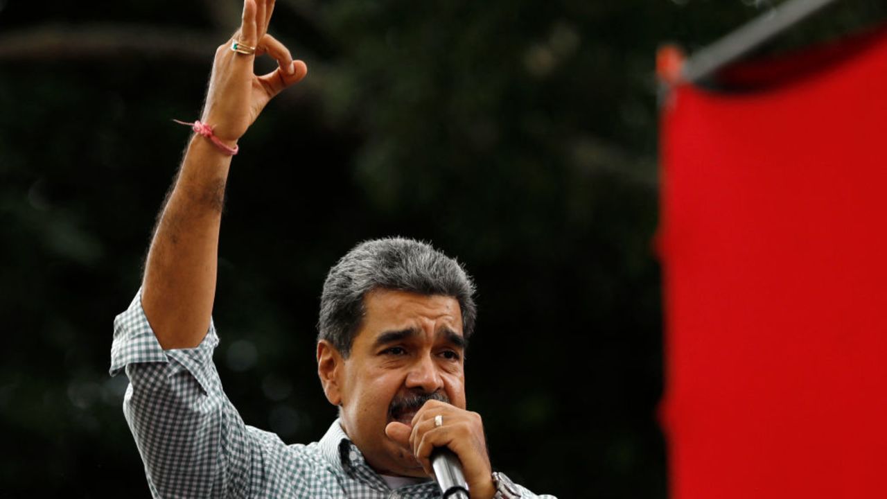 Venezuelan President Nicolas Maduro gestures as he delivers a speech during a rally in Caracas on August 28, 2024. The Venezuelan ruling party called for a mobilization on August 28, to 'celebrate' Maduro's victory, which has been rejected by the United States, the European Union and several countries in the region. (Photo by Pedro Rances Mattey / AFP) (Photo by PEDRO RANCES MATTEY/AFP via Getty Images)