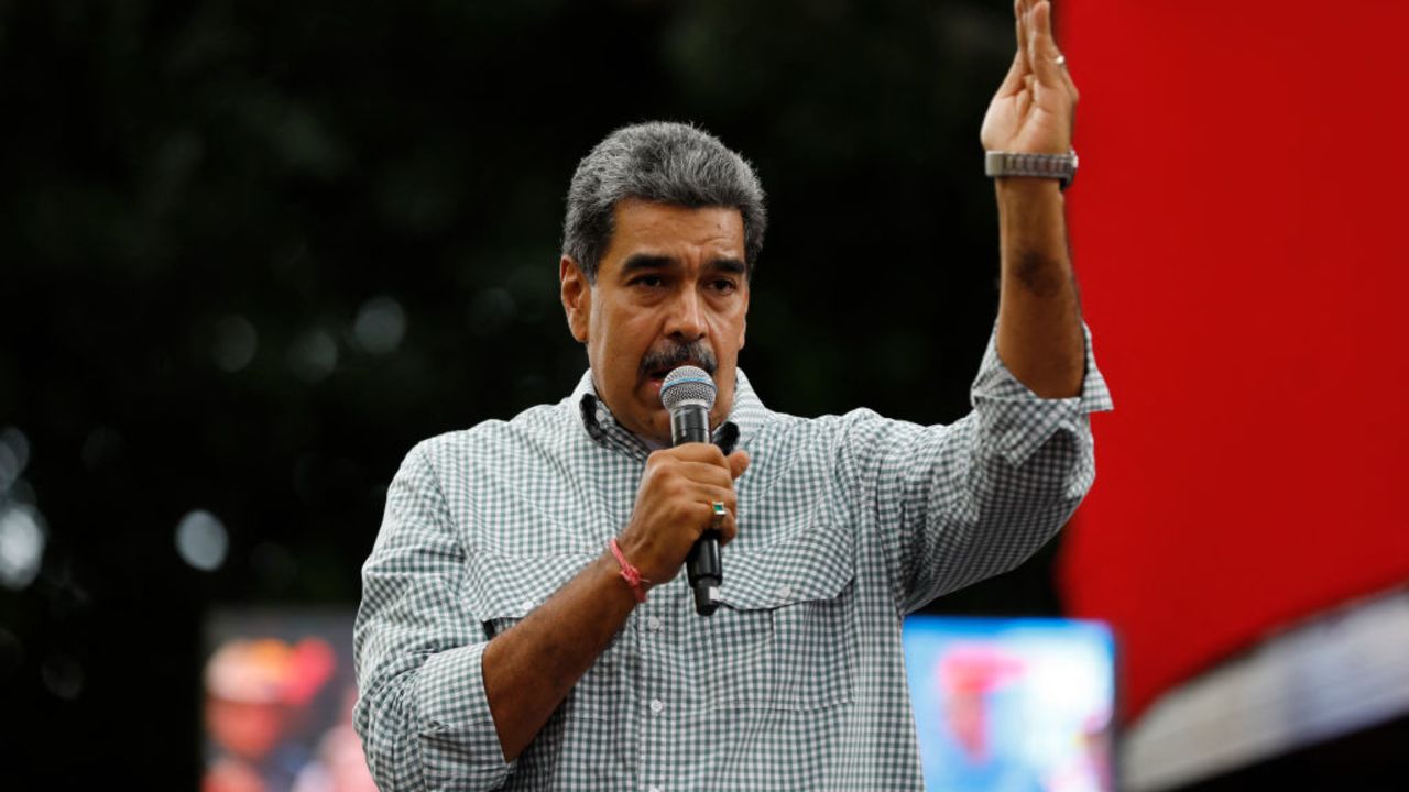 Venezuelan President Nicolas Maduro gestures as he delivers a speech during a rally in Caracas on August 28, 2024. The Venezuelan ruling party called for a mobilization on August 28, to 'celebrate' Maduro's victory, which has been rejected by the United States, the European Union and several countries in the region. (Photo by Pedro Rances Mattey / AFP) (Photo by PEDRO RANCES MATTEY/AFP via Getty Images)