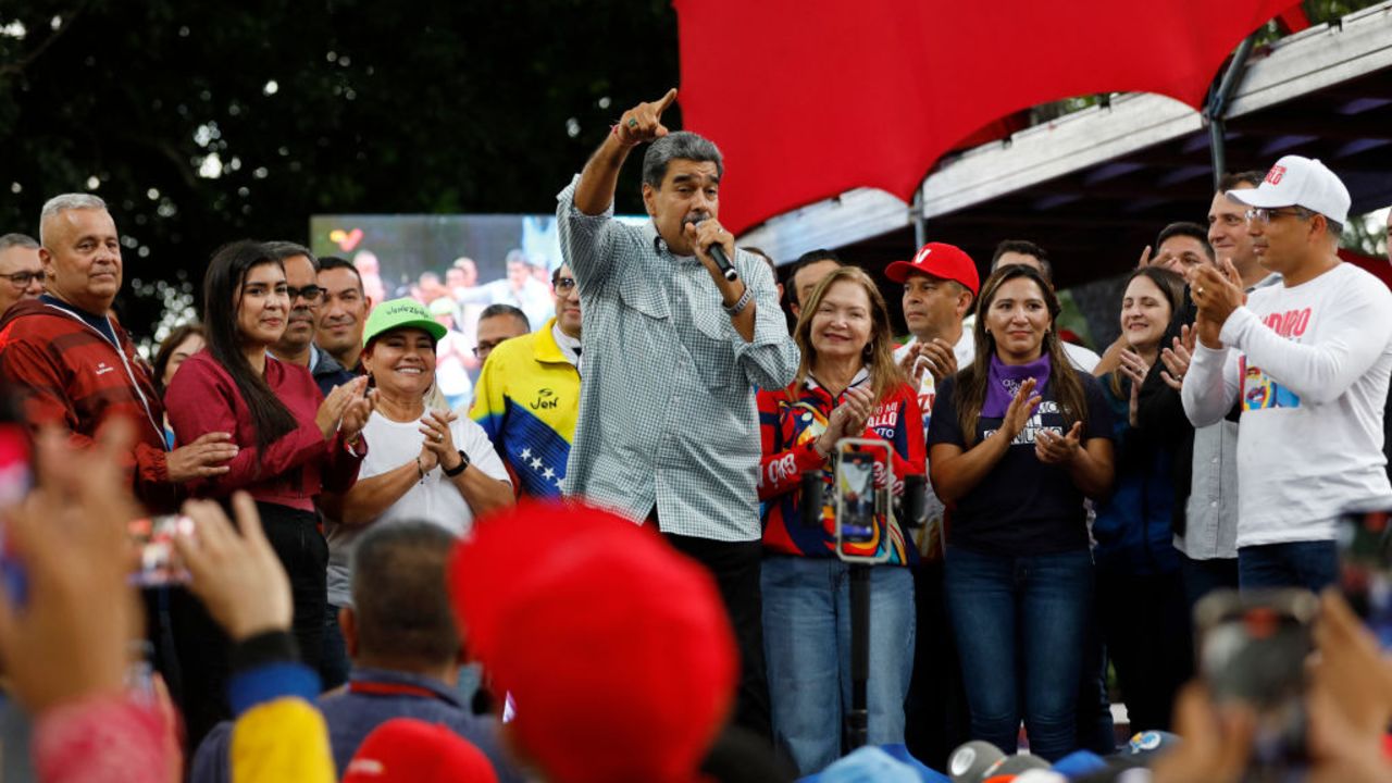 Venezuelan President Nicolas Maduro (C) gestures as he delivers a speech during a rally in Caracas on August 28, 2024. The Venezuelan ruling party called for a mobilization on August 28, to 'celebrate' Maduro's victory, which has been rejected by the United States, the European Union and several countries in the region. (Photo by Pedro Rances Mattey / AFP) (Photo by PEDRO RANCES MATTEY/AFP via Getty Images)