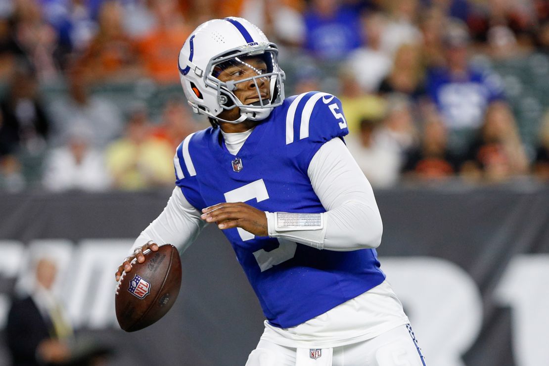 CINCINNATI, OH – AUGUST 22: Indianapolis Colts quarterback Anthony Richardson (5) passes the ball during the game against the Indianapolis Colts and the Cincinnati Bengals on August 22, 2024 at Paycor Stadium in Cincinnati, OH. (Photo by Ian Johnson/Icon Sportswire via Getty Images)