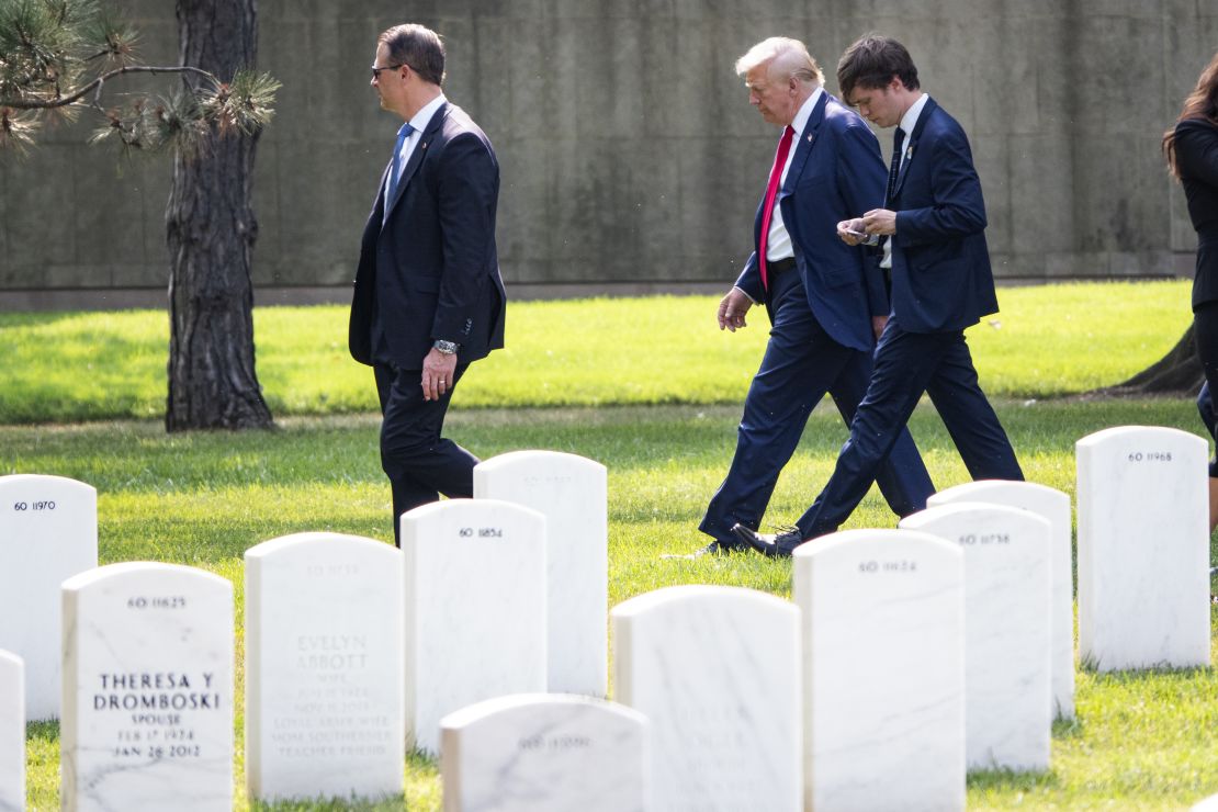 Former President Donald Trump leaves Section 60 of Arlington National Cemetery on August 26, 2024.