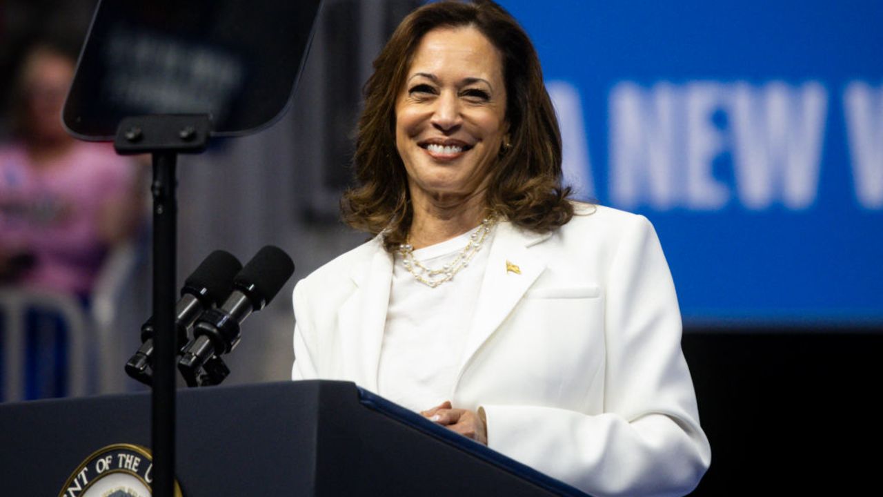 Democratic presidential candidate US Vice President Kamala Harris speaks at a campaign rally at Enmarket Arena during a two-day campaign bus tour in Savannah, Georgia, on August 29, 2024. (Photo by CHRISTIAN MONTERROSA / AFP) (Photo by CHRISTIAN MONTERROSA/AFP via Getty Images)