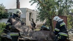 KHARKIV, UKRAINE - AUGUST 25: Rescue workers remove rubble at the site of a Russian missile strike on private residential area in the city's Slobidskyi district on August 25, 2024 in Kharkiv, Ukraine. In the early morning, the Russian army launched a missile attack on the Slobidskyi district of Kharkiv, leaving seven people injured and destroying or damaging at least 25 private residential buildings. (Photo by Ivan Samoilov/Gwara Media/Global Images Ukraine via Getty Images)