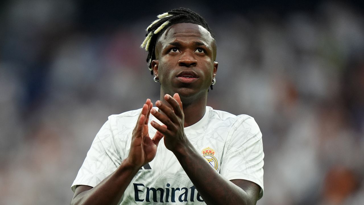 MADRID, SPAIN - AUGUST 25: Vinicius Junior of Real Madrid looks on prior to the La Liga match between Real Madrid CF and Real Valladolid CF at Estadio Santiago Bernabeu on August 25, 2024 in Madrid, Spain. (Photo by Angel Martinez/Getty Images)