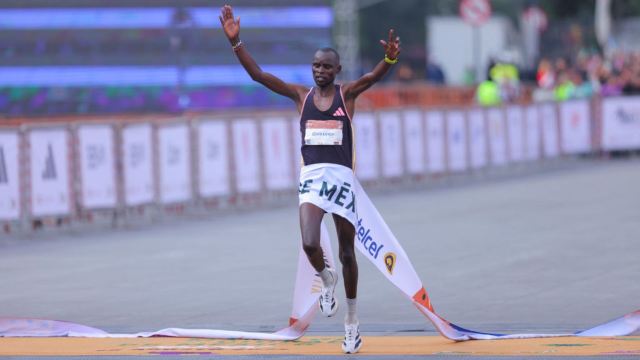 MEXICO CITY, MEXICO - AUGUST 25: Runner Edwin Kiprop of Kenya celebrates after winning the 2024 Mexico City Marathon on August 25, 2024 in Mexico City, Mexico. (Photo by Agustin Cuevas/Getty Images)