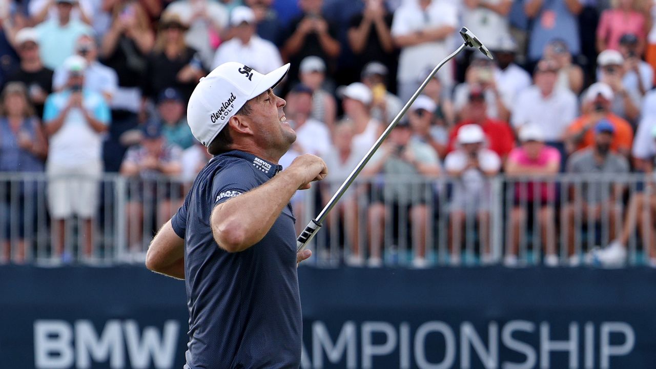 CASTLE ROCK, COLORADO - AUGUST 25: Keegan Bradley of the United States celebrates on the 18th green after winning the BMW Championship at Castle Pines Golf Club on August 25, 2024 in Castle Rock, Colorado. (Photo by Harry How/Getty Images)