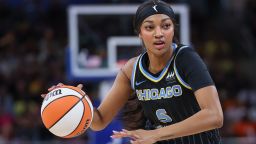 Angel Reese #5 of the Chicago Sky brings the ball up court during the game against the Indiana Fever at Wintrust Arena on August 30, 2024 in Chicago, Illinois.