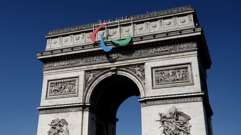 The Paralympic logo is displayed on the Arc de Triomphe ahead of the 2024 Paralympic Games in Paris.