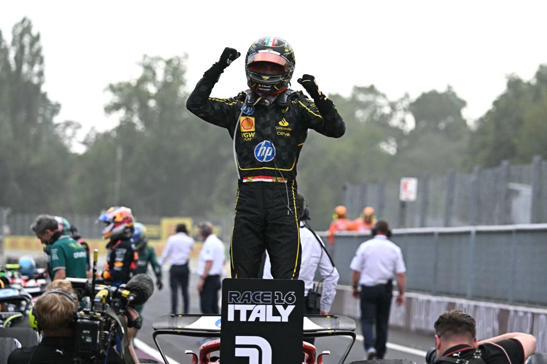 Ferrari's Monegasque driver Charles Leclerc celebrates after winning the Italian Formula One Grand Prix race at Autodromo Nazionale Monza circuit, in Monza on September 1, 2024. (Photo by Gabriel BOUYS / AFP) (Photo by GABRIEL BOUYS/AFP via Getty Images)