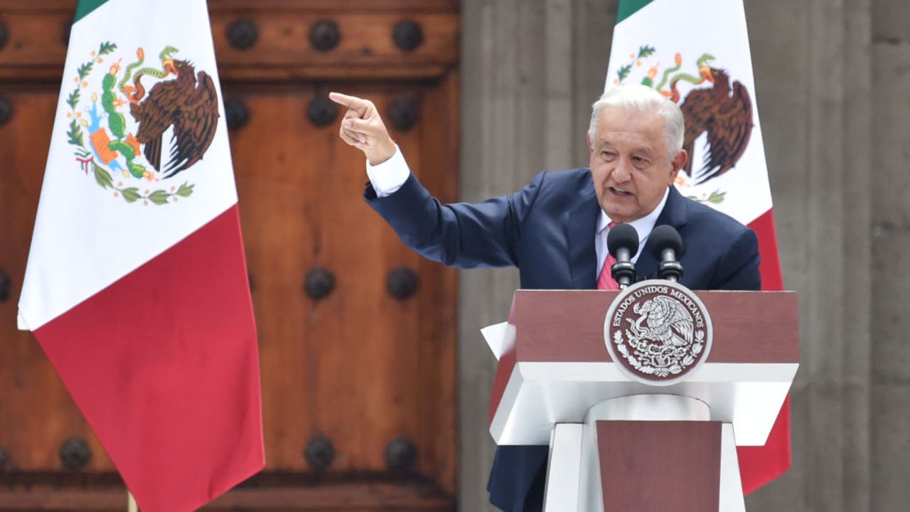 Mexican President Andres Manuel Lopez Obrador delivers a speech during the presentation of his last government report at the El Zocalo Square in Mexico City on September 1, 2024. (Photo by Rodrigo Oropeza / AFP) (Photo by RODRIGO OROPEZA/AFP via Getty Images)