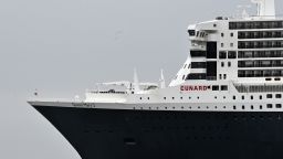 The Cunard line logo on the fleet flagship Queen Mary 2 as she lies off North Queensferry, near the Forth Bridge, on September 1, 2024 in North Queensferry, Scotland.