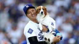 Los Angeles Dodgers player Shohei Ohtani and his dog Decoy, before a game against the Balitmore Orioles at Dodger Stadium in Los Angeles on August 28, 2024.