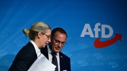 Co-leaders of Germany's far-right Alternative for Germany (AfD) party Alice Weidel (L) and Tino Chrupalla leave after a press conference in Berlin on September 2, 2024, a day after regional elections in the eastern federal states of Saxony and Thuringia. (Photo by Tobias SCHWARZ / AFP) (Photo by TOBIAS SCHWARZ/AFP via Getty Images)