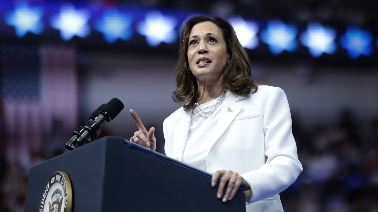 Vice President Kamala Harris speaks at a campaign rally at the Enmarket Arena on August 29, 2024, in Savannah, Georgia.