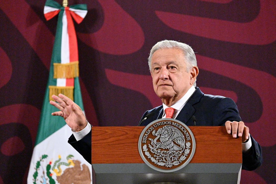 MEXICO CITY, MEXICO - AUGUST 29: President of Mexico Andres Manuel Lopez Obrador speaks during the daily morning briefing at Palacio Nacional on August 29, 2024 in Mexico City, Mexico. (Photo by Juan Abundis/ObturadorMX/Getty Images)