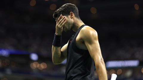 Carlos Alcaraz of Spain reacts after a point against Botic van de Zandschulp of the Netherlands during their match on day four of the 2024 US Open at USTA Billie Jean King National Tennis Center in Flushing, Queens, New York, on August 29, 2024.