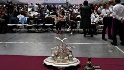 The Great Silver Inkwell used in the rostrum of the Mexican Congress is pictured at an alternate venue where deputies prepare to hold a session to discuss the judicial reform law in the Sala de Armas of Mexico City on September 3, 2024. Protesting judicial workers on Tuesday blocked access to Mexico's lower house of Congress to try to prevent a vote on controversial reforms proposed by outgoing President Andres Manuel Lopez Obrador. (Photo by Alfredo ESTRELLA / AFP) (Photo by ALFREDO ESTRELLA/AFP via Getty Images)