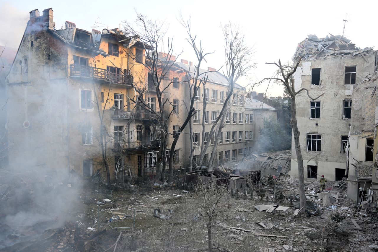 Damage and debris are seen after a Russian strike hit residential buildings in Lviv, Ukraine on September 4.