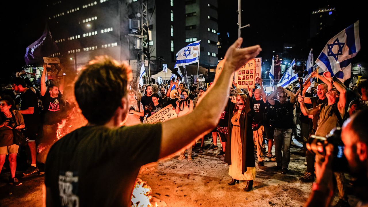 Israeli protesters in Tel Aviv chant slogans during a demonstration on Sept. 3, three days after the bodies of Carmel Gat, Eden Yerushalmi, Hersh Goldberg-Polin, Alexander Lobanov, Almog Sarusi and Master Sgt Ori Danino, were rescued from Gaza.