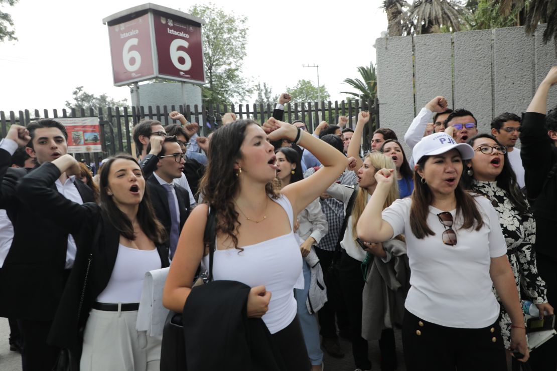 MEXICO CITY, MEXICO - 2024/09/03: Law students from different Universities join a demonstration outside the Sala de Armas in the Ciudad Deportiva to protest against the judicial reform imposed by the President of Mexico Andres Manuel Lopez Obrador to modify various parts of the Constitution of the country. (Photo by Ian Robles/Eyepix Group/LightRocket via Getty Images)