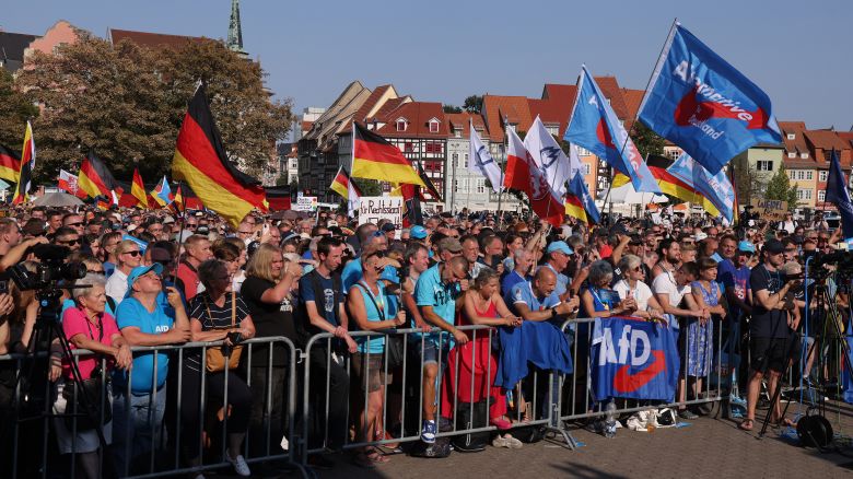 Supporters of the far-right Alternative for Germany (AfD) political party gather at the final AfD campaign rally ahead of tomorrow's Thuringia state elections on August 31, 2024 in Erfurt, Germany.