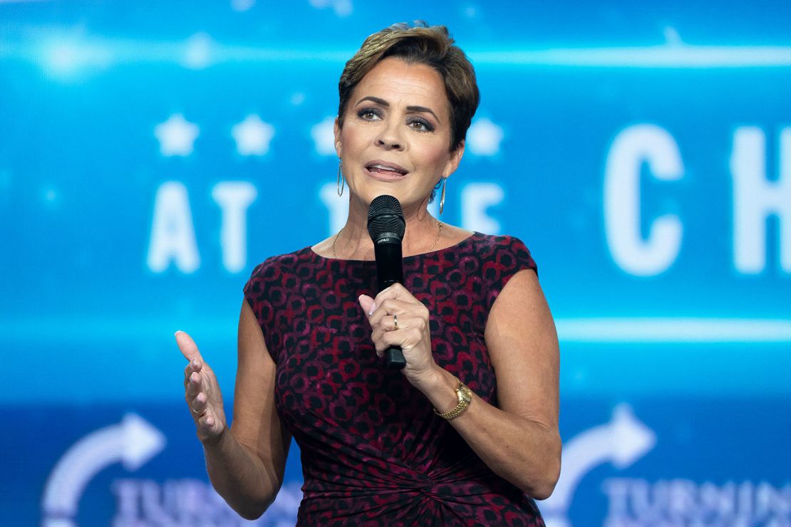 Arizona Republican US Senate candidate Kari Lake speaks during Turning Point Action's Chase the Vote campaign event in Mesa, Arizona, on September 4, 2024.