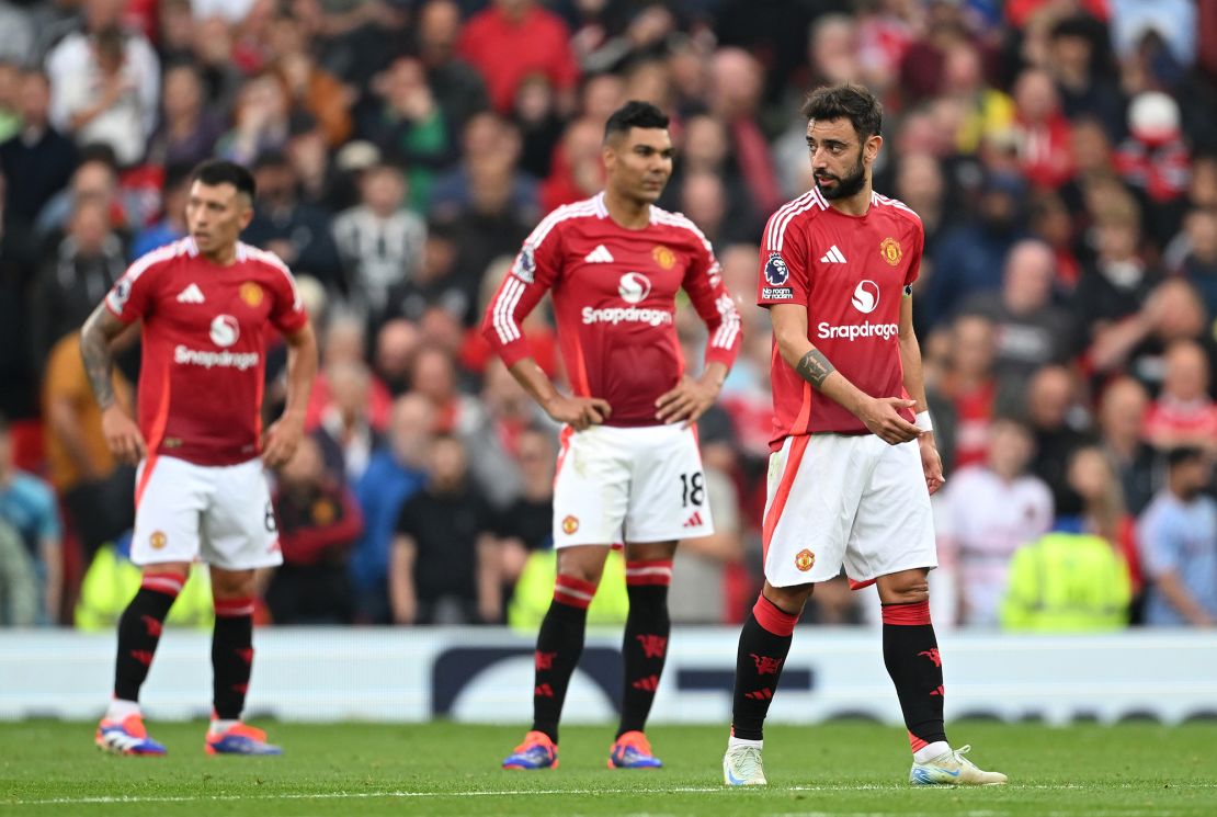 United's players look on during a 3-0 defeat against Liverpool.