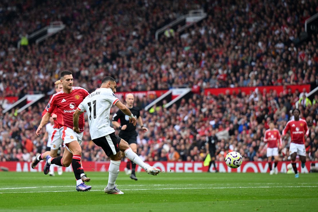 Salah scores Liverpool's third goal against Manchester United.