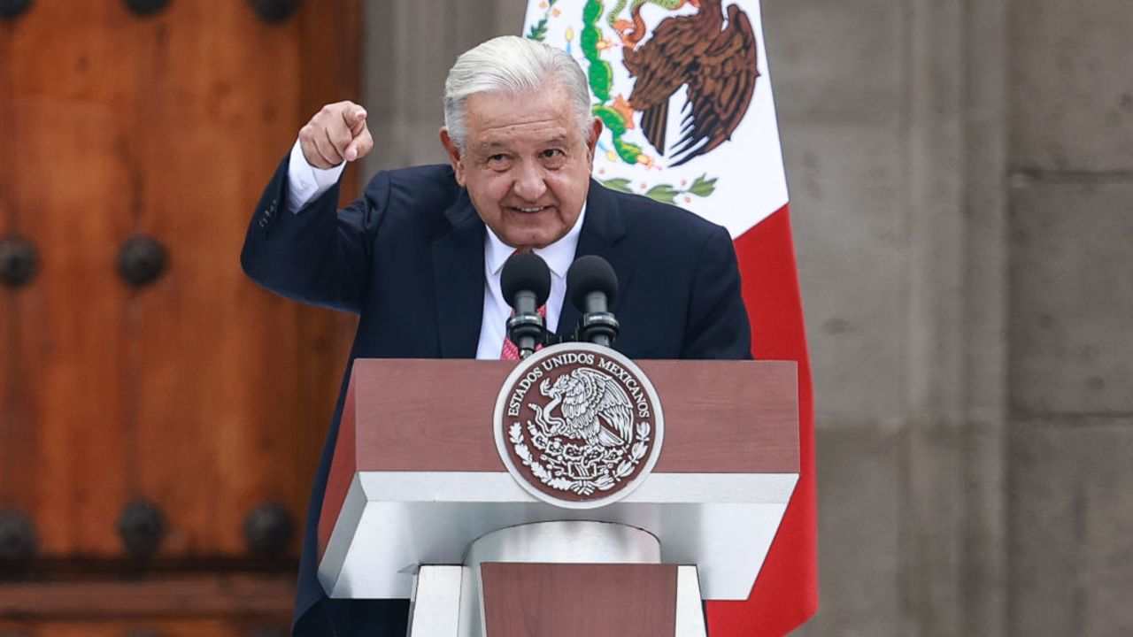 MEXICO CITY, MEXICO - SEPTEMBER 01: President of Mexico Andres Manuel Lopez Obrador speaks during the last State Of The Union Report at Zocalo on September 01, 2024 in Mexico City, Mexico. (Photo by Manuel Velasquez/Getty Images)