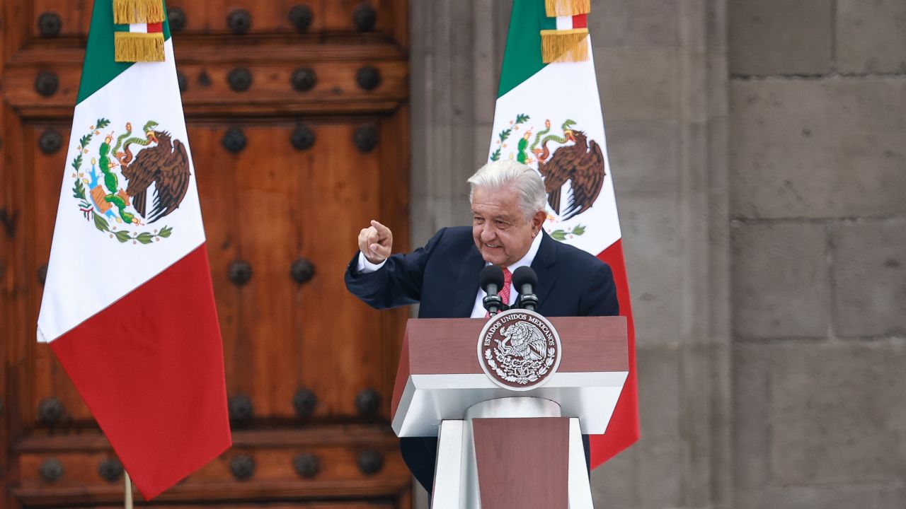 MEXICO CITY, MEXICO - SEPTEMBER 01: President of Mexico Andres Manuel Lopez Obrador speaks during the last State Of The Union Report at Zocalo on September 01, 2024 in Mexico City, Mexico. (Photo by Manuel Velasquez/Getty Images)