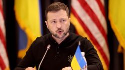 Ukraine's President Volodymyr Zelensky speaks as he attends a Ukraine Defence Contact Group meeting on September 6, 2024 at the US air base in Ramstein, southwestern Germany. (Photo by Daniel ROLAND / AFP) (Photo by DANIEL ROLAND/AFP via Getty Images)