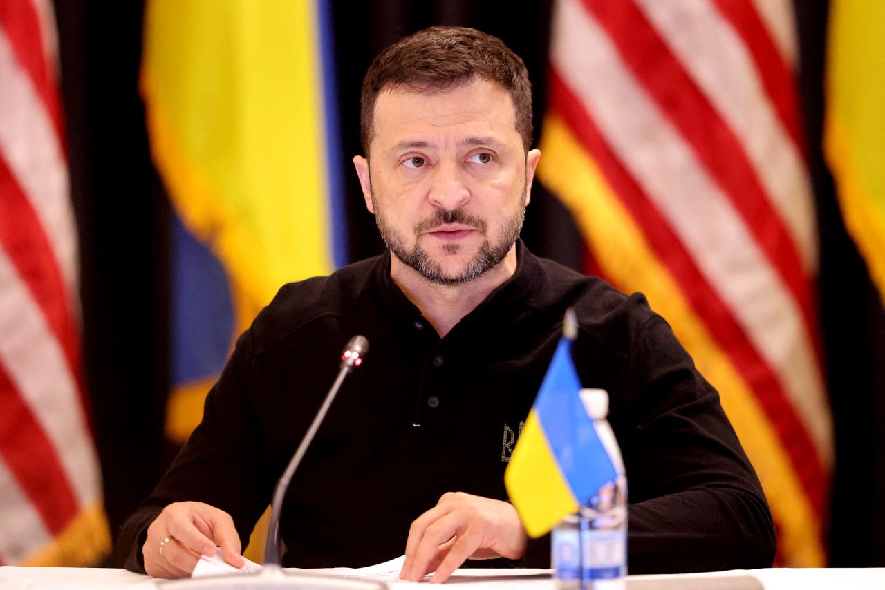 Ukrainian President Volodymyr Zelensky speaks during a meeting at the US air base in Ramstein, Germany in September 2024.