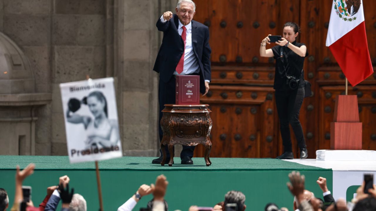 MEXICO CITY, MEXICO - SEPTEMBER 01: President of Mexico Andres Manuel Lopez Obrador salutes during the last State Of The Union Report at Zocalo on September 01, 2024 in Mexico City, Mexico. (Photo by Manuel Velasquez/Getty Images)