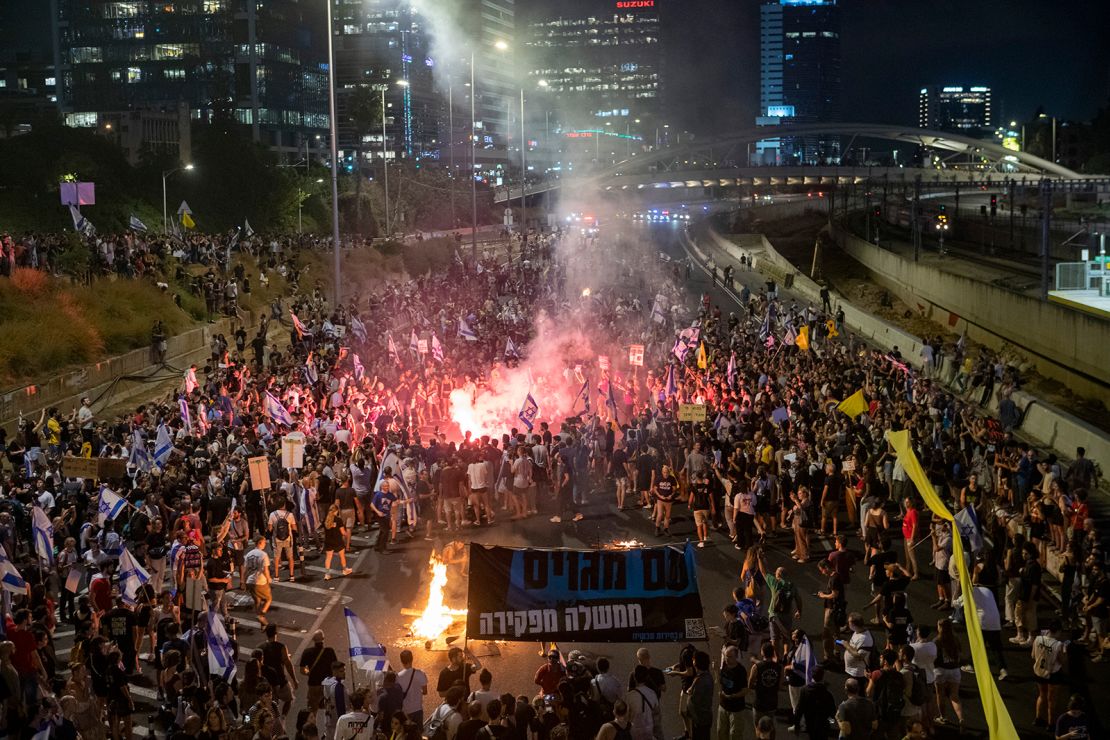 Israeli protestors block the Ayalon freeway during a mass protest in Tel Aviv, Israel on September 1, 2024.