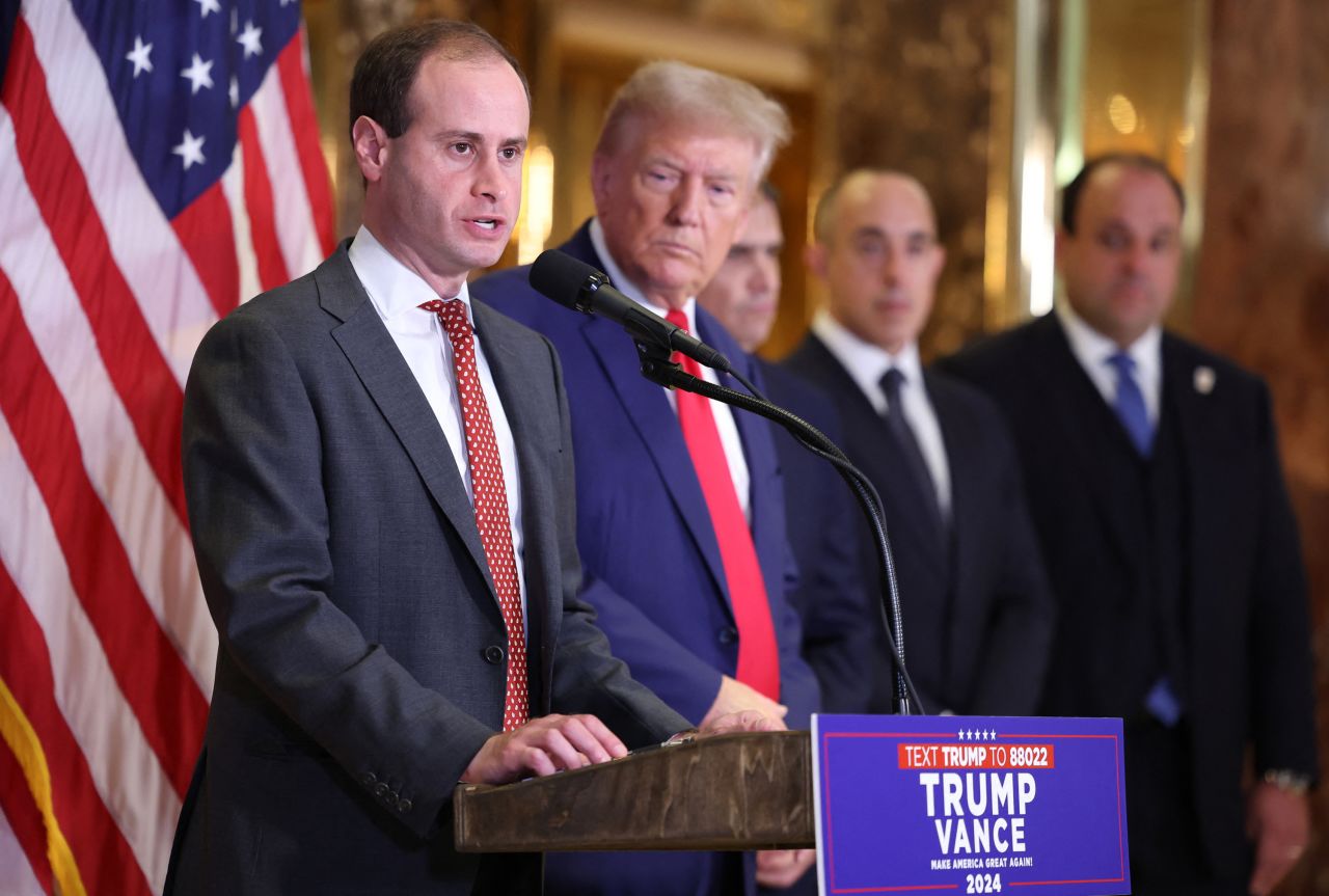 Will Scharf speaks as US President Donald Trump looks on during a press conference at Trump Tower in New York City on September 6, 2024.