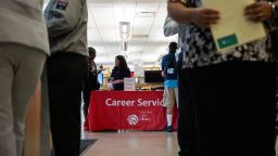 Jobseekers during the New York Public Library's annual Bronx Job Fair & Expo at the Bronx Library Center in the Bronx borough of New York, US, on Friday, Sept. 6, 2024. Unemployment edging down plus the de-inversion of the yield curve might surprisingly signal a recession.