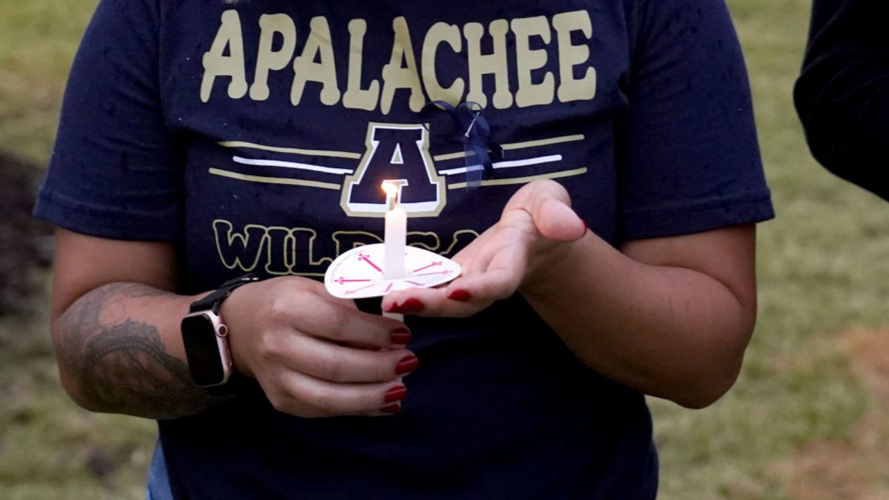 WINDER, GEORGIA - SEPTEMBER 06: Community members, students, and faculty of Apalachee High School come together for a vigil on September 6, 2024 in Winder, Georgia. Two students and two teachers were shot and killed at Apalachee High School by a 14 year old student on September 4th, at least nine others were also injured in the incident.  (Photo by Megan Varner/Getty Images)