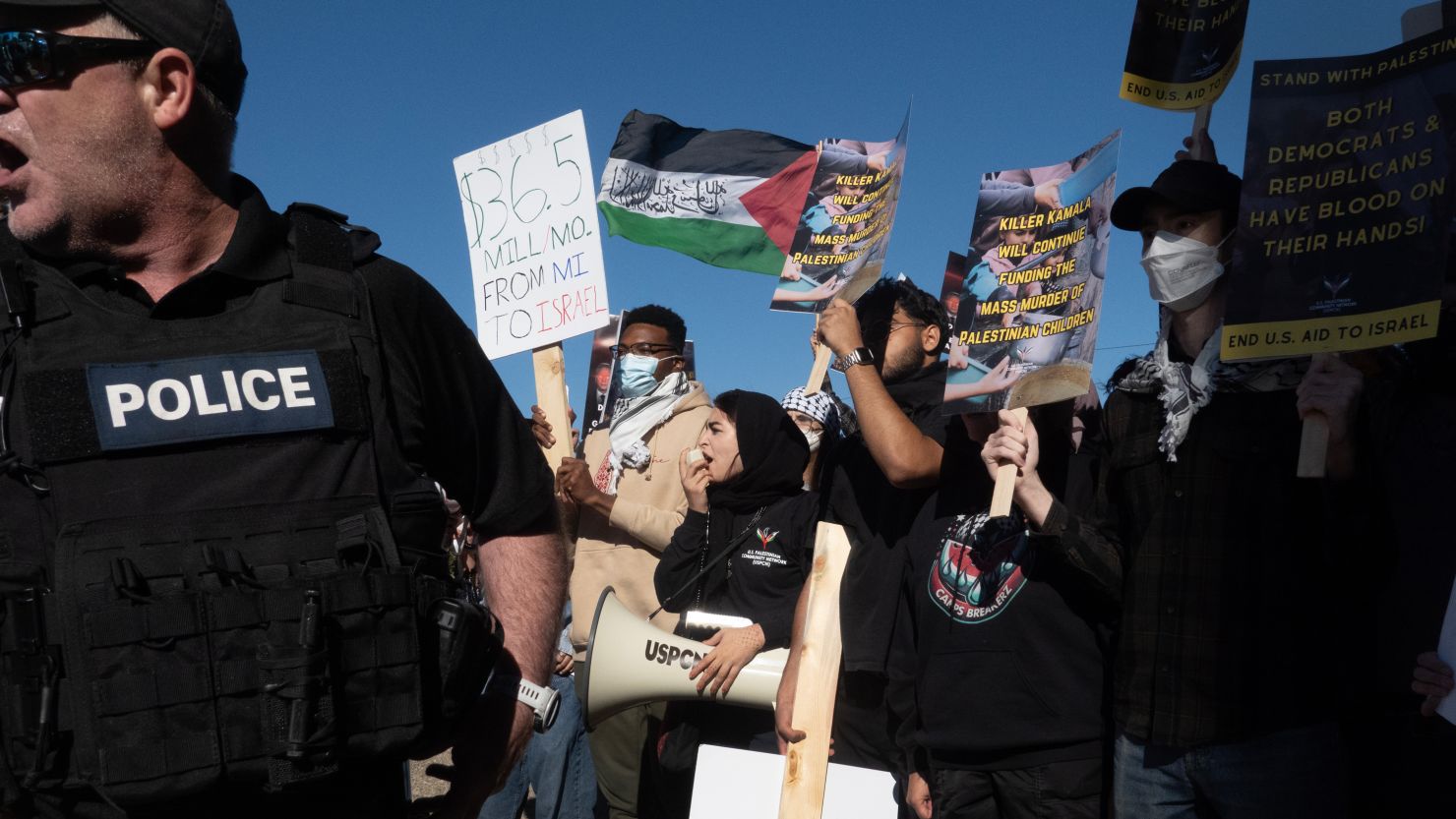 Pro-Palestinian activists demonstrate outside a high school in Detroit where Vice President Kamala Harris was scheduled to speak to union workers on September 2, 2024.